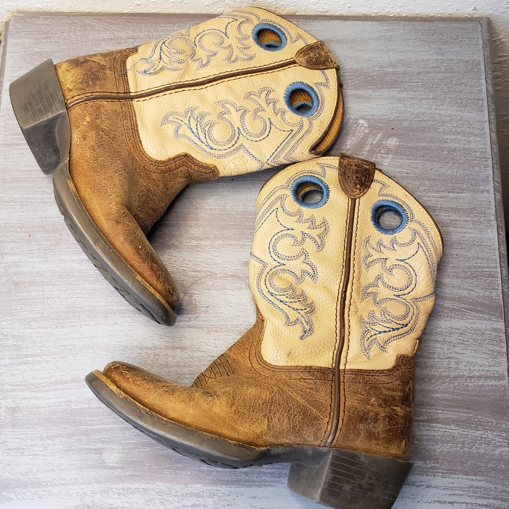 Ariat Brown and Cream Leather Western Boots Girls' Size 9 (Se3)